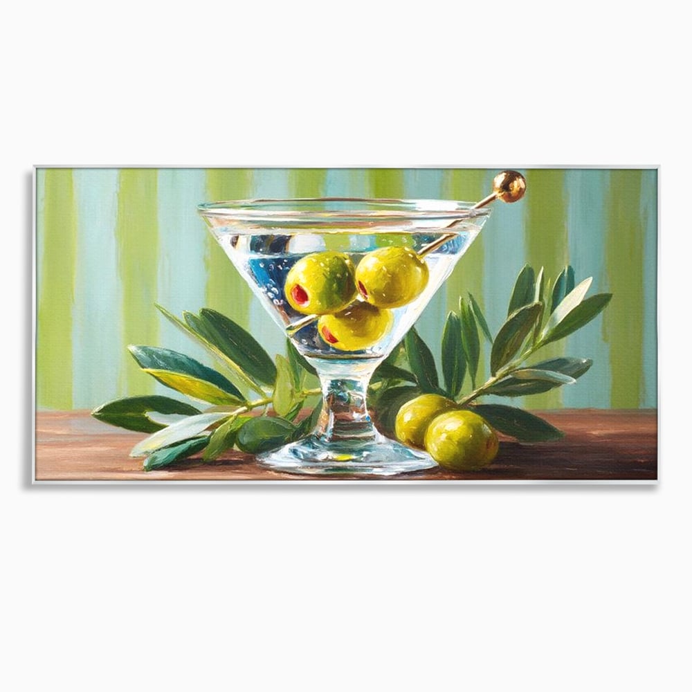 Tablou canvas cu pictura cu pahar martini si masline, in rama de aluminiu argintiu